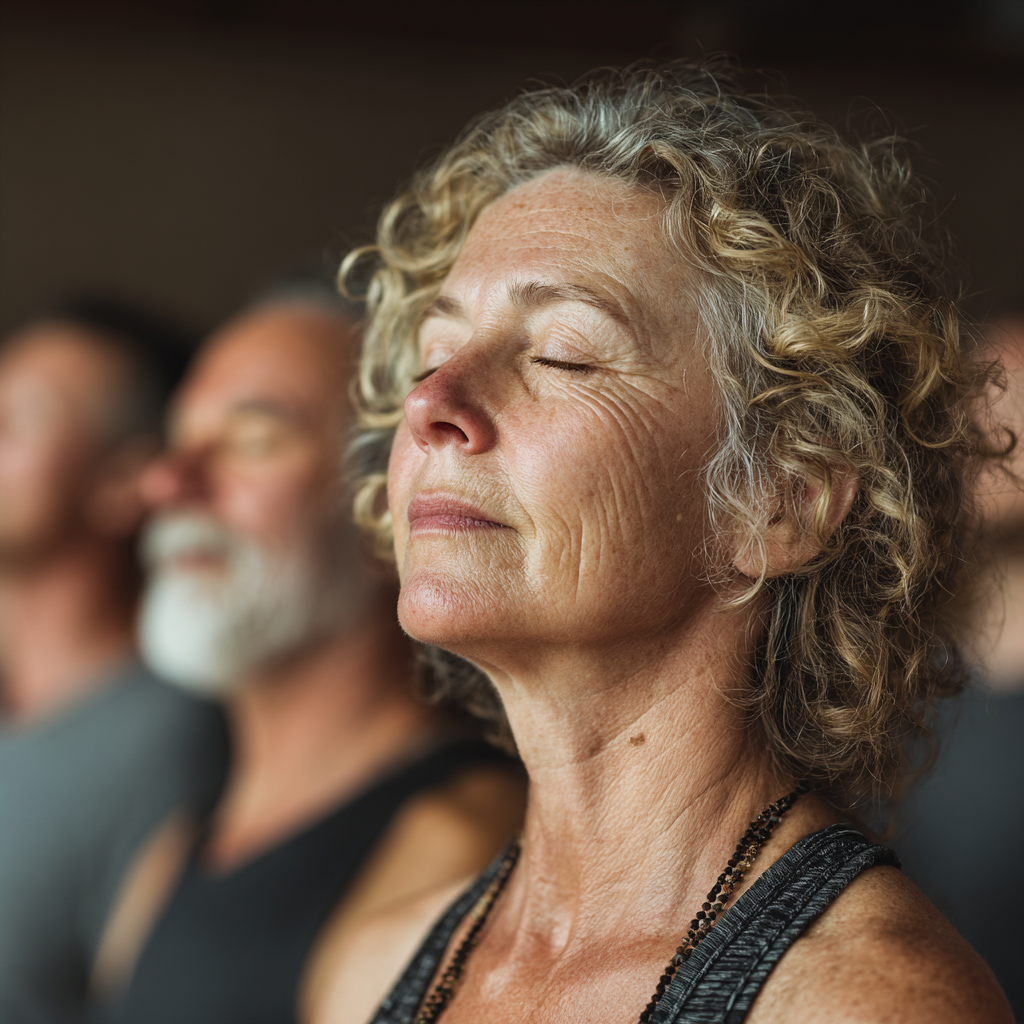 Group of adults aged 45-55 practicing meditation in a peaceful yoga studio with soft natural lighting