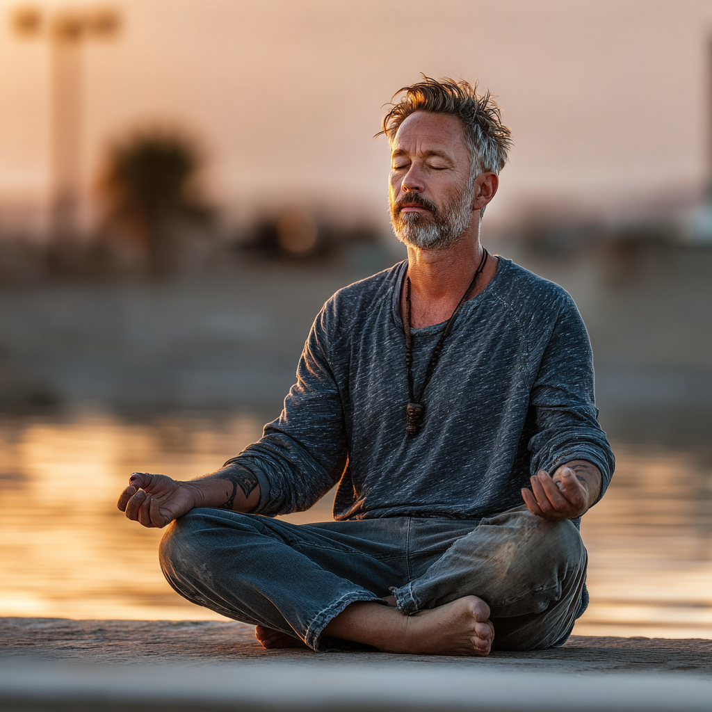Middle-aged man in his late 40s practicing mindful yoga poses in harmony with natural elements
