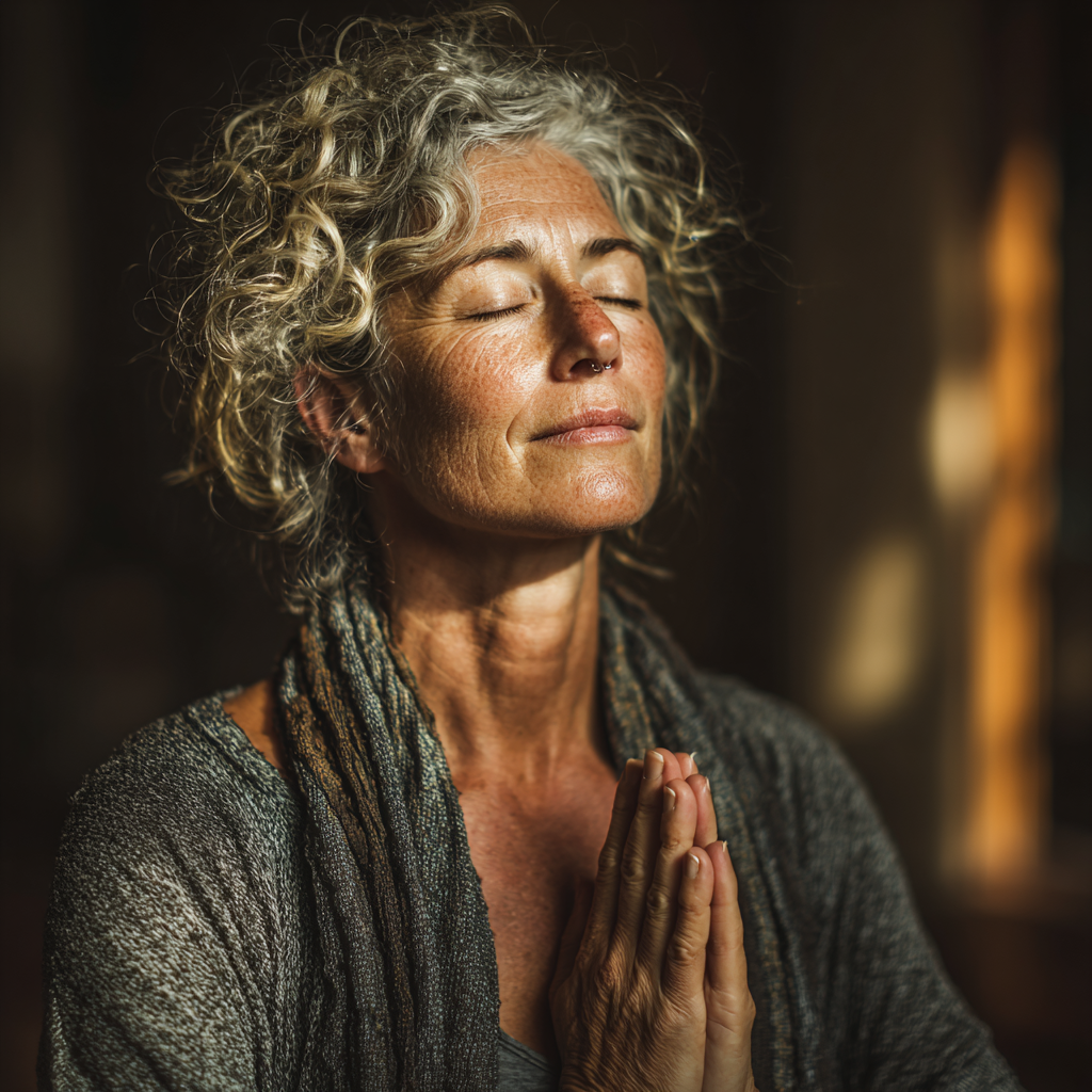 Woman in her 50s practicing peaceful yoga meditation in a serene studio setting with natural lighting